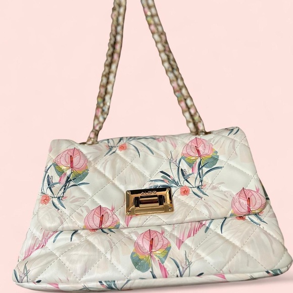 Women’s Handbag ALDO Gold Lock & Key Floral Crossbody Purse - Picture 1 of 8
